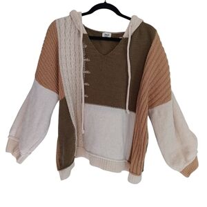 BKE V-Neck Color Block Sweater Women's Size Small in Cream and Brown w/Hood